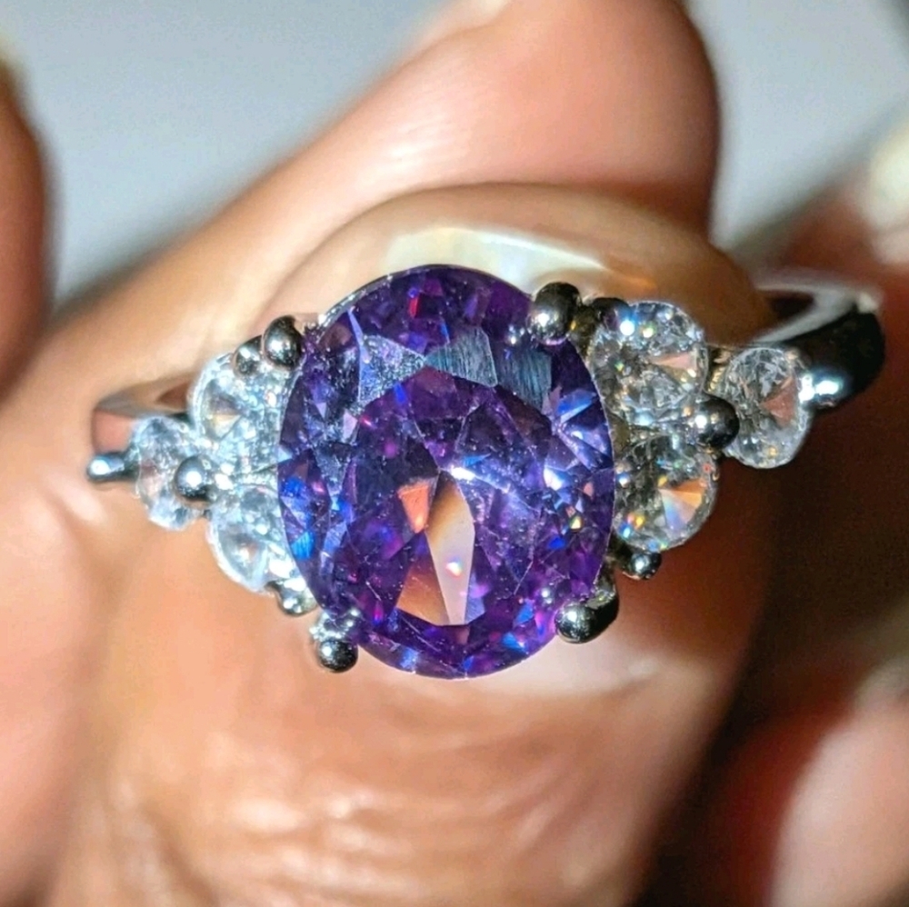 925 Dazzling 8 Ct Brilliant Cut Amathyst  Oval Stone Engagement Ring Sz 9